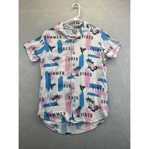 Vacay Spirit Off To The Beach Surfer Button Up Short Sleeve Blouse XS